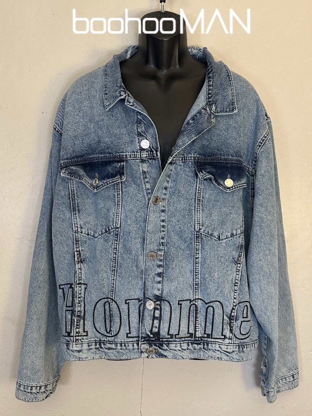 BoohooMAN Distressed Denim Jacket 3XL Gently worn Button front 26.5" armpits
